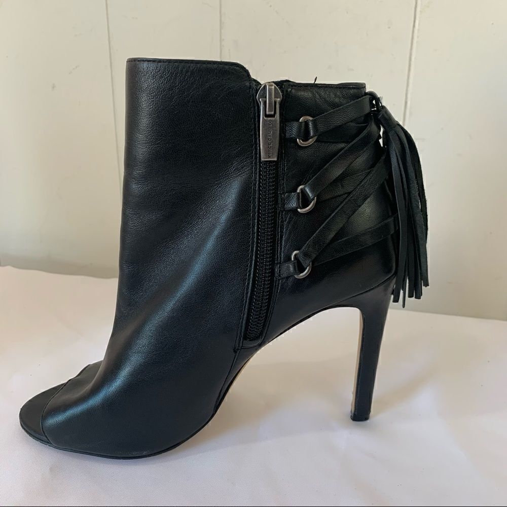 Revolve X Vince Camuto Black Leather Kimina Open Toe Heel Bootie Fringe 6.5M